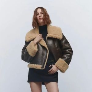 Zara FAUX FUR JACKET BEIGE-BROWN